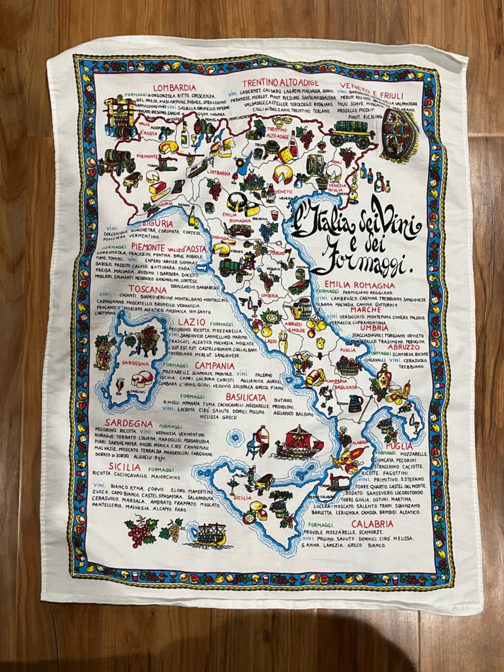Cotton Vintage Italian Tea Towel, Wall Map, Scarf or Accessory of Italy Travel